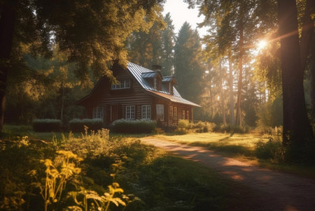 wooden house in the middle of the forest with the beauty of the afternoon sun. generative aiの素材