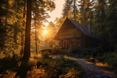 wooden house in the middle of the forest with the beauty of the afternoon sun. generative aiの素材
