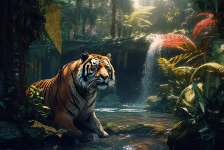 tropical stream and tiger. generative aiの素材