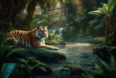 tropical stream and tiger. generative aiの素材