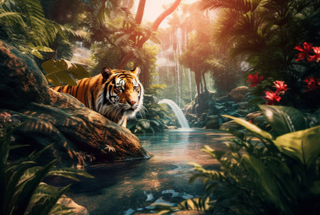 tropical stream and tiger. generative aiの素材