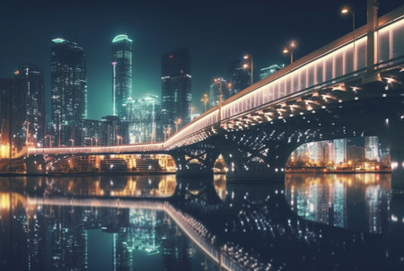 bridge over river in urban area with view of city lights. generative aiの素材