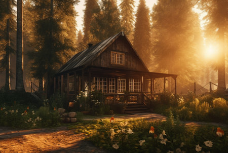 wooden house in the middle of the forest with the beauty of the afternoon sun. generative aiの素材