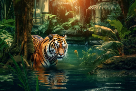 tropical stream and tiger. generative aiの素材