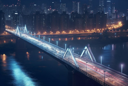 bridge over river in urban area with view of city lights. generative aiの素材