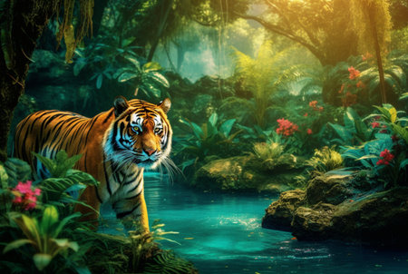 tropical stream and tiger. generative aiの素材