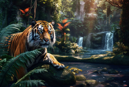 tropical stream and tiger. generative aiの素材