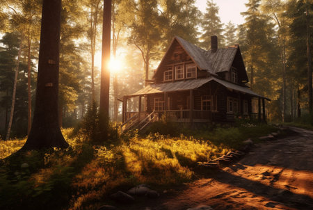 wooden house in the middle of the forest with the beauty of the afternoon sun. generative aiの素材