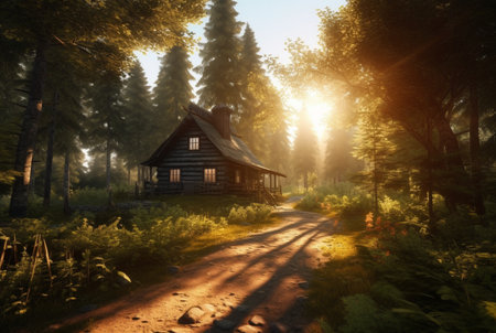 wooden house in the middle of the forest with the beauty of the afternoon sun. generative aiの素材