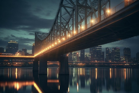 bridge over river in urban area with view of city lights. generative aiの素材