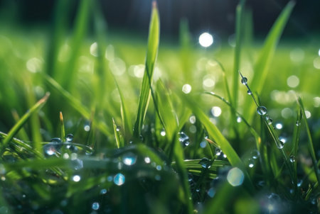 dew drops on green grass with blurred sunlight background. generative aiの素材
