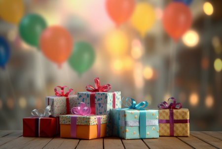 gift boxes on wooden table with blurred background of balloons in the air. generative aiの素材
