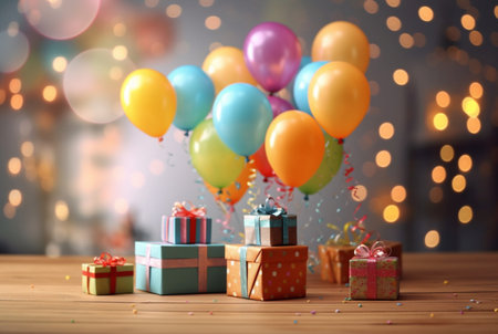 gift boxes on wooden table with blurred background of balloons in the air. generative aiの素材