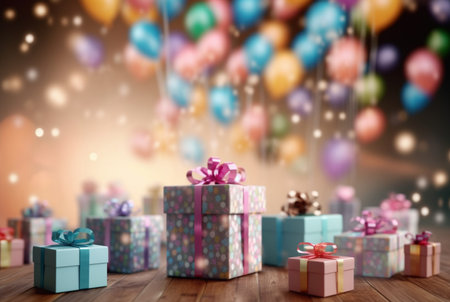 gift boxes on wooden table with blurred background of balloons in the air. generative aiの素材