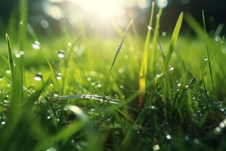 dew drops on green grass with blurred sunlight background. generative aiの素材