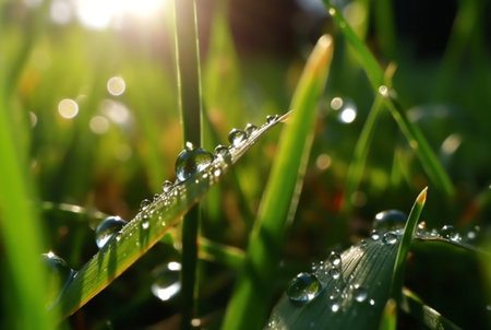 dew drops on green grass with blurred sunlight background. generative aiの素材