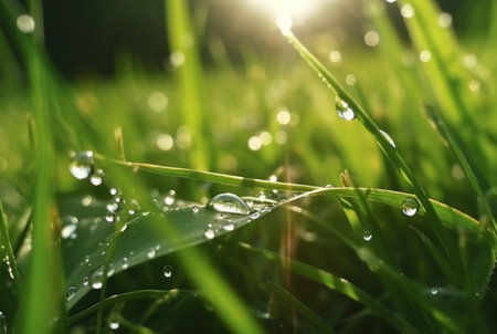 dew drops on green grass with blurred sunlight background. generative aiの素材