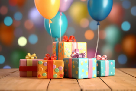 gift boxes on wooden table with blurred background of balloons in the air. generative aiの素材