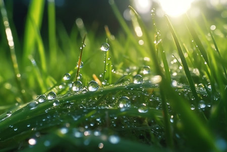 dew drops on green grass with blurred sunlight background. generative aiの素材