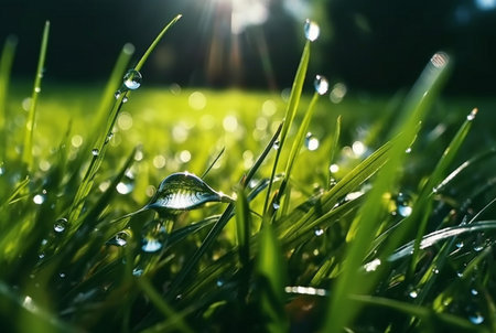 dew drops on green grass with blurred sunlight background. generative aiの素材