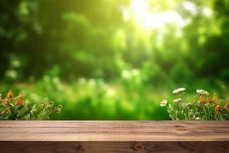 beautiful spring green landscape background with empty table. generative aiの素材