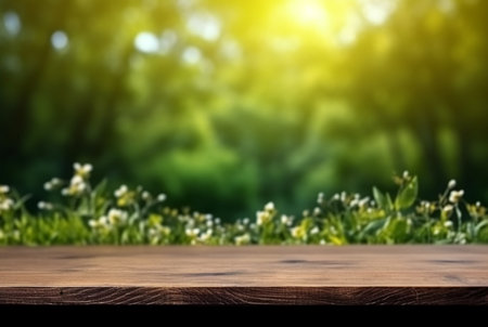 beautiful spring green landscape background with empty table. generative aiの素材