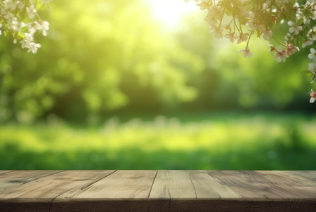 beautiful spring green landscape background with empty table. generative aiの素材