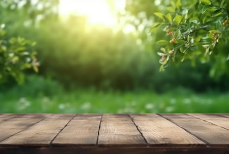 beautiful spring green landscape background with empty table. generative aiの素材