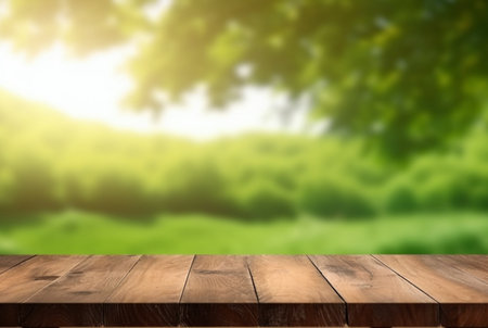 beautiful spring green landscape background with empty table. generative aiの素材