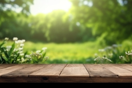beautiful spring green landscape background with empty table. generative aiの素材