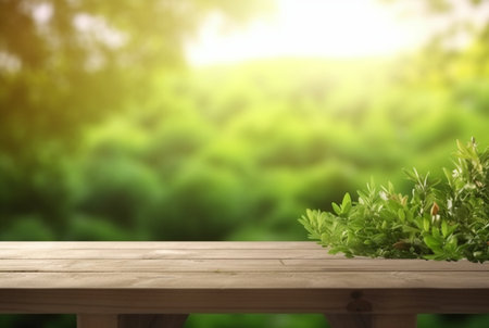 beautiful spring green landscape background with empty table. generative aiの素材
