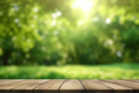 beautiful spring green landscape background with empty table. generative aiの素材