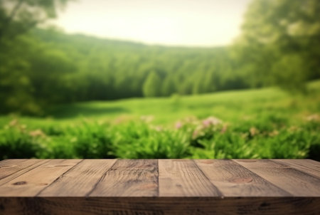 beautiful spring green landscape background with empty table. generative aiの素材