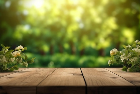 beautiful spring green landscape background with empty table. generative aiの素材