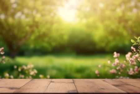 beautiful spring green landscape background with empty table. generative aiの素材