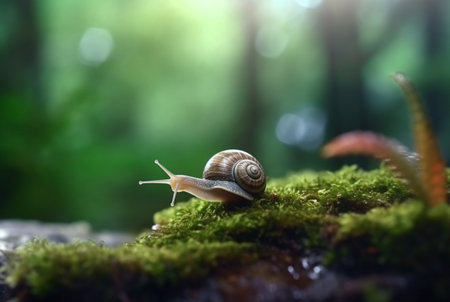 snail on mossy rock with blurred background and aesthetic raindrops. generative aiの素材