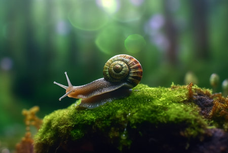 snail on mossy rock with blurred background and aesthetic raindrops. generative aiの素材