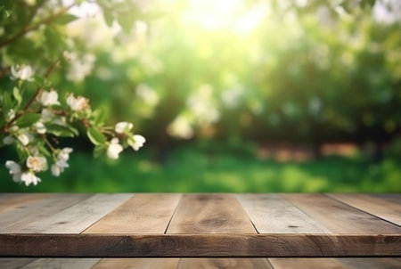 beautiful spring green landscape background with empty table. generative aiの素材