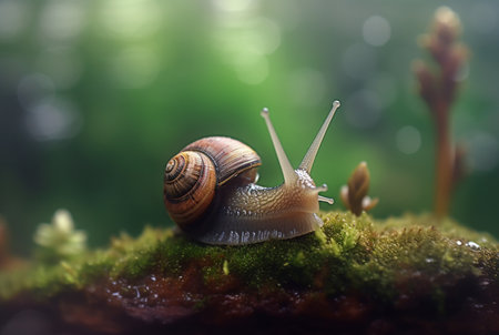 snail on mossy rock with blurred background and aesthetic raindrops. generative aiの素材
