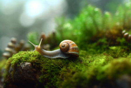 snail on mossy rock with blurred background and aesthetic raindrops. generative aiの素材
