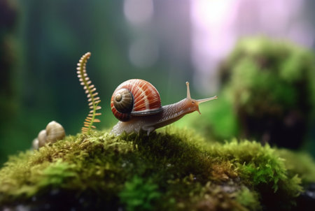 snail on mossy rock with blurred background and aesthetic raindrops. generative aiの素材
