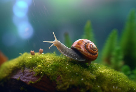 snail on mossy rock with blurred background and aesthetic raindrops. generative aiの素材