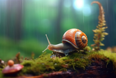 snail on mossy rock with blurred background and aesthetic raindrops. generative aiの素材