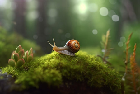 snail on mossy rock with blurred background and aesthetic raindrops. generative aiの素材