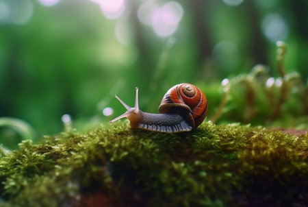 snail on mossy rock with blurred background and aesthetic raindrops. generative aiの素材