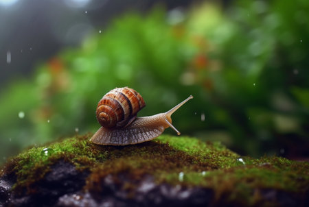snail on mossy rock with blurred background and aesthetic raindrops. generative aiの素材