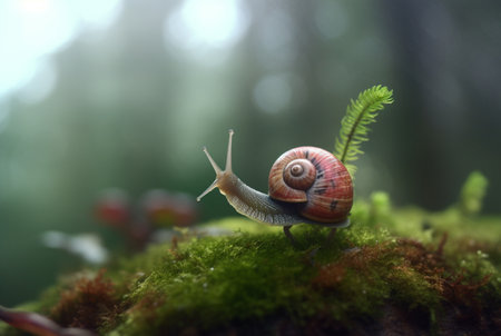 snail on mossy rock with blurred background and aesthetic raindrops. generative aiの素材