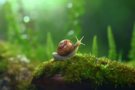 snail on mossy rock with blurred background and aesthetic raindrops. generative aiの素材