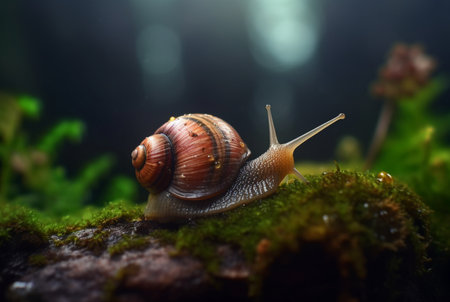 snail on mossy rock with blurred background and aesthetic raindrops. generative aiの素材