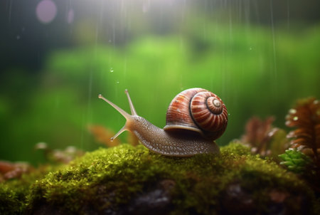 snail on mossy rock with blurred background and aesthetic raindrops. generative aiの素材